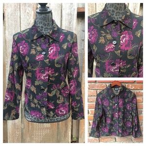 Briggs New York Black and Plum Purple Floral Long Sleeve Blouse - Size P/S